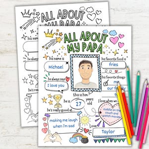 パパについての質問票、父の日用印刷物、子供からパパへのプレゼント、子供インタビュー記念品、父の日ぬりえアクティビティ