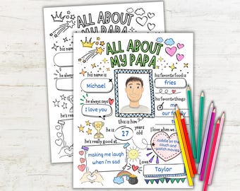 Cuestionario "Todo sobre mi papá", imprimible para el Día del Padre, regalo para papá de parte de un hijo/a, recuerdo de entrevista infantil, actividad para colorear del Día del Padre.