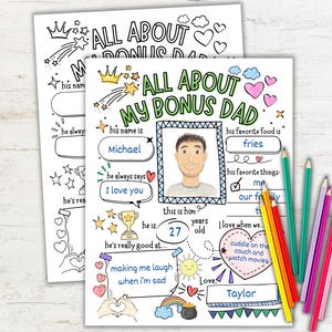 All About My Bonus Dad-vragenlijst, afdrukbaar vaderdag, cadeau van stiefkind, aandenken interview kinderen, kleuractiviteit Vaderdag