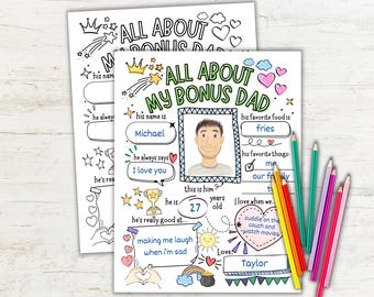 Cuestionario "Todo sobre mi padrastro", imprimible para el Día del Padre, regalo de hijastro/a, recuerdo de entrevista infantil, actividad para colorear del Día del Padre.