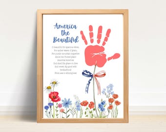 Arte con huellas de manos para el 4 de julio, poema patriótico con huellas de manos, manualidad del Día de la Independencia, manualidad para niños del 4 de julio, América la Bella, actividad preescolar