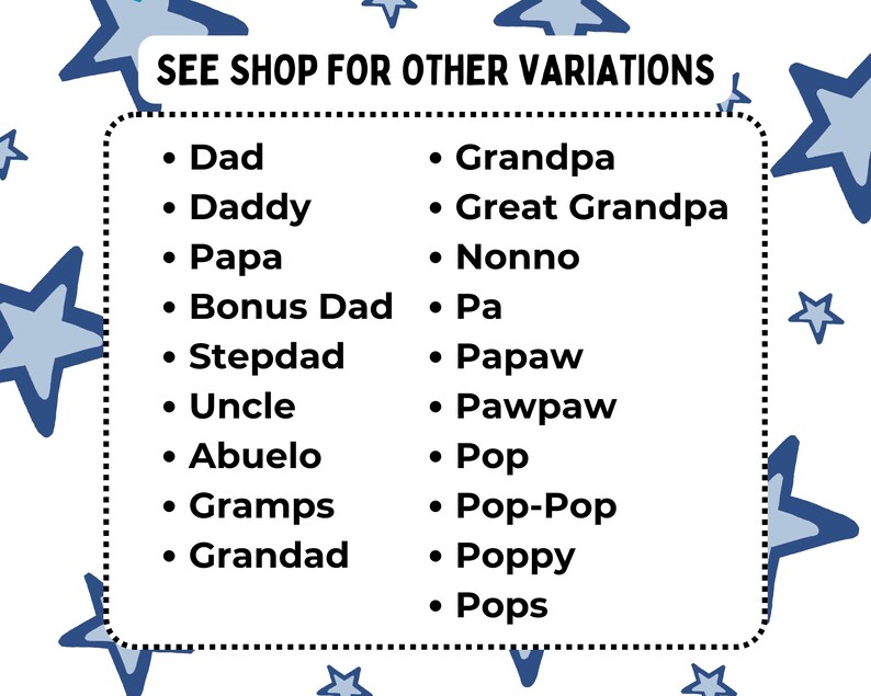 May include: A white rectangular sign with a black dotted border and blue stars in the background. The text reads: SEE SHOP FOR OTHER VARIATIONS, followed by a list of titles: Dad, Daddy, Papa, Bonus Dad, Stepdad, Uncle, Abuelo, Gramps, Grandad, Grandpa, Great Grandpa, Nonno, Pa, Papaw, Pawpaw, Pop, Pop-Pop, Poppy, and Pops.