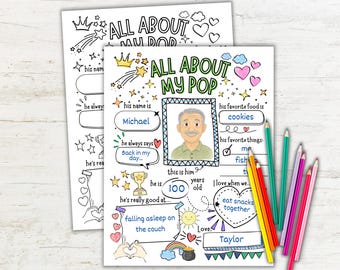 Cuestionario "Todo sobre mi papá", imprimible para el Día del Padre, regalo para papá de parte de su nieto/a, recuerdo de entrevista infantil, actividad para colorear del Día del Padre.