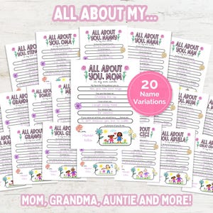 Può includere: Una raccolta di fogli stampabili da compilare, con accenti floreali, progettati per vari membri della famiglia. I fogli includono richieste come "La mia cosa preferita di te è..." e "Se fossi un animale, saresti..." Il testo dice "All About You."