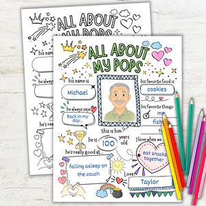 May include: Two printable activity sheets titled All About My Pops with hand-drawn illustrations of hearts, stars, and a trophy. One sheet is colored with a portrait of a man, while the other is a black and white outline. Colored pencils are included.