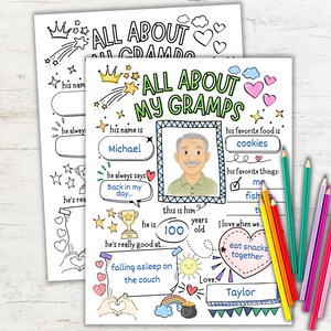 Peut inclure: Deux feuilles d'activités imprimables intitulées ALL ABOUT MY GRAMPS avec des illustrations dessinées à la main d'étoiles, de cœurs et d'un trophée. Une feuille est colorée avec le portrait d'un homme, l'autre est en noir et blanc. Six crayons de couleur.