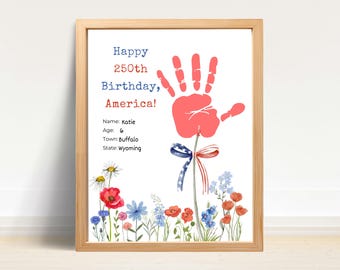 Manualidad con huellas de manos para el 250 aniversario de EE. UU., Arte con huellas de manos para el 4 de julio, Recuerdo del 250 aniversario de EE. UU., Patriótico para niños estadounidenses, Actividad preescolar