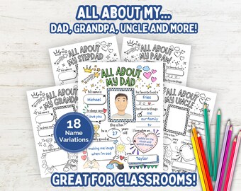Paquete imprimible de cuestionarios sobre mi papá y mi abuelo, entrevista para niños, dibujos para colorear del Día del Padre, papá, abuelo, padrastro, nonno, pop-pop.