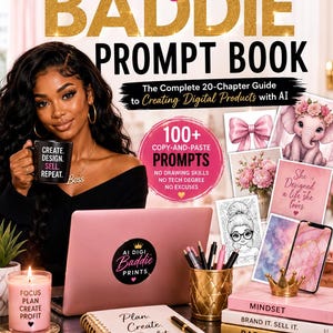 May include: A digital product guide titled The Digi Baddie Prompt Book featuring a gold crown logo. The cover displays text about creating digital products with AI, 100+ copy-and-paste prompts, and business-themed graphics including books, a laptop, and a candle.