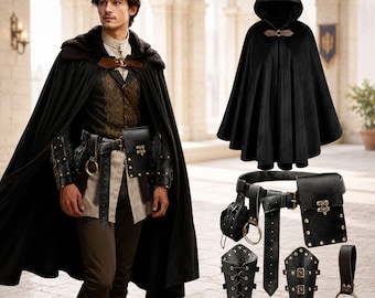 Conjunto de capa com capuz de veludo artesanal, traje renascentista com bolsa para cinto, braçadeiras, cosplay viking.