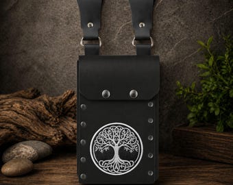 Riñonera de cuero vikinga con símbolos nórdicos, riñonera EDC hecha a mano