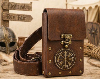 Handmade Leather Viking Belt Pouch with Vegvisir Symbol – Medieval Norse Bag