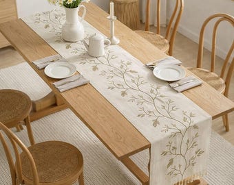 Embroidered Cotton Linen Table Runner, Botanical Leaf Design, Tassel Accents
