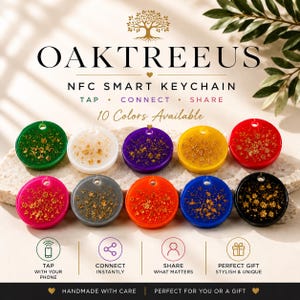 May include: Ten round NFC smart keychains in various colors including green, white, purple, yellow, red, pink, gray, orange, blue, and black. Each keychain features embedded gold-colored flakes and a small hole at the top for attachment.