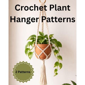 May include: A hanging plant pot with a cream-colored macrame plant hanger. The pot is filled with green plants. The text "Crochet Plant Hanger Patterns" is at the top of the image. A green badge with the text "2 Patterns" is at the bottom.