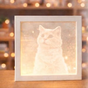 May include: A square, white framed light box featuring a soft, glowing image of a cat. The cat is a light cream color and appears to be illuminated from within. The background is blurred, with hints of warm, ambient lighting.