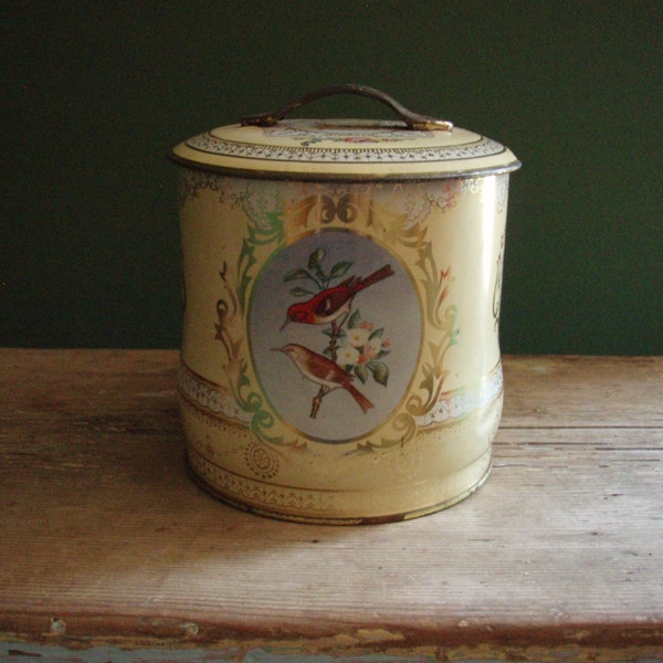 Vintage Toffee Tin - Embassy Toffee, Melbourne - Cream and Gold with Birds and Butterflies