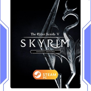 Könnte beinhalten: Das Spielcover von The Elder Scrolls V: Skyrim Special Edition. Es zeigt einen silbernen Drachen und ein Schwert-Design vor schwarzem Hintergrund. Das Steam PC-Logo ist unten rechts zu sehen.