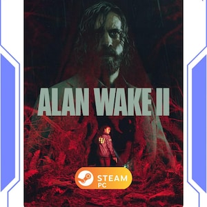 Könnte beinhalten: Werbebild für das Videospiel "Alan Wake II" mit einem Mann mit langen Haaren und Bart und einer Frau in einer FBI-Jacke. Der Spieletitel steht in großen, grauen Buchstaben. Ein Steam PC-Logo ist ebenfalls vorhanden.