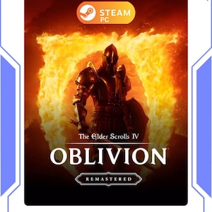 Könnte beinhalten: Videospiel-Cover für "The Elder Scrolls IV: Oblivion Remastered" mit einem Ritter in goldener Rüstung vor einem feurigen Hintergrund. Das Steam PC-Logo befindet sich oben rechts. Der Spieletitel ist groß geschrieben.