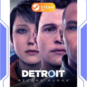 Könnte beinhalten: Das Cover des Spiels "Detroit: Become Human" zeigt drei Charaktere mit detaillierten Gesichtern. Das Steam PC-Logo befindet sich oben rechts. Der Titel des Spiels in Neonblau ist ein zentrales Element. Das Design deutet auf eine futuristische Umgebung hin.