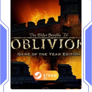 Könnte beinhalten: Cover-Art von The Elder Scrolls IV: Oblivion Game of the Year Edition. Das Bild zeigt eine Burgsilhouette vor einem feurigen orangefarbenen Hintergrund. Das Steam PC-Logo ist unten rechts zu sehen.