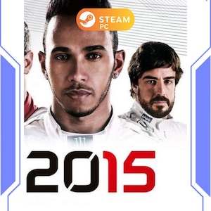 Könnte beinhalten: Spielcover mit zwei Männern in Rennanzügen. Das Wort "2015" steht fett gedruckt unten. Ein Steam PC-Logo befindet sich oben rechts.