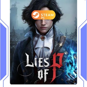 Könnte beinhalten: Werbebild für das Videospiel "Lies of P" mit einer Person mit dunklem Haar und einem detaillierten Outfit. Der Titel des Spiels ist prominent dargestellt, zusammen mit dem Steam PC-Logo. Der Hintergrund zeigt eine dunkle, gotische Stadtlandschaft.
