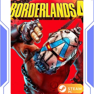 Könnte beinhalten: Cover-Art des Spiels Borderlands 4 mit einem Robotercharakter mit blau-weißem Helm und leuchtend roten Augen. Der Spieletitel steht in gelben Blockbuchstaben vor rotem Hintergrund. Das Steam PC-Logo befindet sich unten rechts.