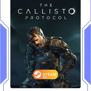 Könnte beinhalten: Das Cover des Spiels The Callisto Protocol. Eine Person in einem futuristischen Raumanzug ist abgebildet. Der Spieletitel ist in weißen Buchstaben dargestellt. Ein Steam PC-Logo befindet sich unten rechts.