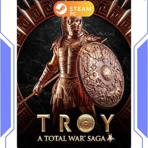 Może przedstawiać: Okładka gry "TROY: A Total War Saga" przedstawia złotego rzymskiego żołnierza z włócznią i tarczą. Logo Steam PC znajduje się w prawym górnym rogu. Tytuł "TROY" jest dużymi złotymi literami.