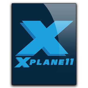 Könnte beinhalten: Ein dunkelblaues Quadrat mit glänzendem Finish zeigt ein großes, hellblaues "X". Darunter steht der Text "XPLANE11" in Hellblau, was auf ein Softwareprodukt hinweist.