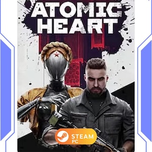 Könnte beinhalten: Das Spielcover von "Atomic Heart" zeigt einen futuristischen Roboter und einen Mann mit einer Waffe. Der Titel ist weiß auf dunklem Lila. Ein Steam PC-Logo befindet sich unten rechts.