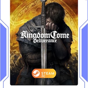 Könnte beinhalten: Das Bild zeigt das Spielcover für "Kingdom Come: Deliverance". Ein mittelalterlicher Krieger ruht seinen Kopf auf einem Schwert. Der Spieletitel ist in gotischer Schrift. Das Steam PC-Logo befindet sich unten rechts. Der Hintergrund ist goldfarben.