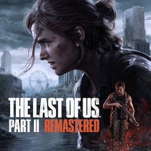 Puede incluir: Portada del juego The Last of Us Part II Remastered. Una mujer con cabello oscuro es la figura central, con una figura más pequeña sosteniendo un rifle. El título está en blanco y rojo, sobre un paisaje urbano postapocalíptico.