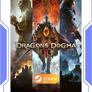 Könnte beinhalten: Werbegrafik für "Dragon's Dogma II" auf Steam PC. Das Bild zeigt drei Charaktere vor einem feurigen Hintergrund, mit dem Titel des Spiels. Ein Steam-Logo ist unten rechts zu sehen.