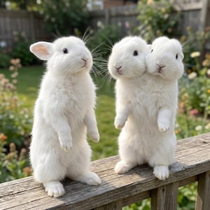 Puede incluir: Tres conejos blancos y esponjosos de pie sobre una barandilla de madera. Dos conejos están uno al lado del otro y uno está solo. Los conejos tienen narices rosas y ojos oscuros. El fondo es un jardín borroso con follaje verde.