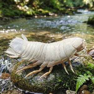 Puede incluir: Un gran isópodo pálido, parecido a un insecto acuático gigante, descansa sobre una roca cubierta de musgo en un arroyo. La criatura tiene un cuerpo segmentado, múltiples patas y una cola en forma de abanico. El fondo muestra agua corriente y vegetación exuberante.