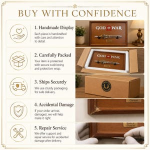 May include: A wooden framed display featuring the words "GOD OF WAR" and a silver-colored blade. The image also shows the packaging process, including secure cushioning and a sturdy cardboard box. Text on the image reads "BUY WITH CONFIDENCE".