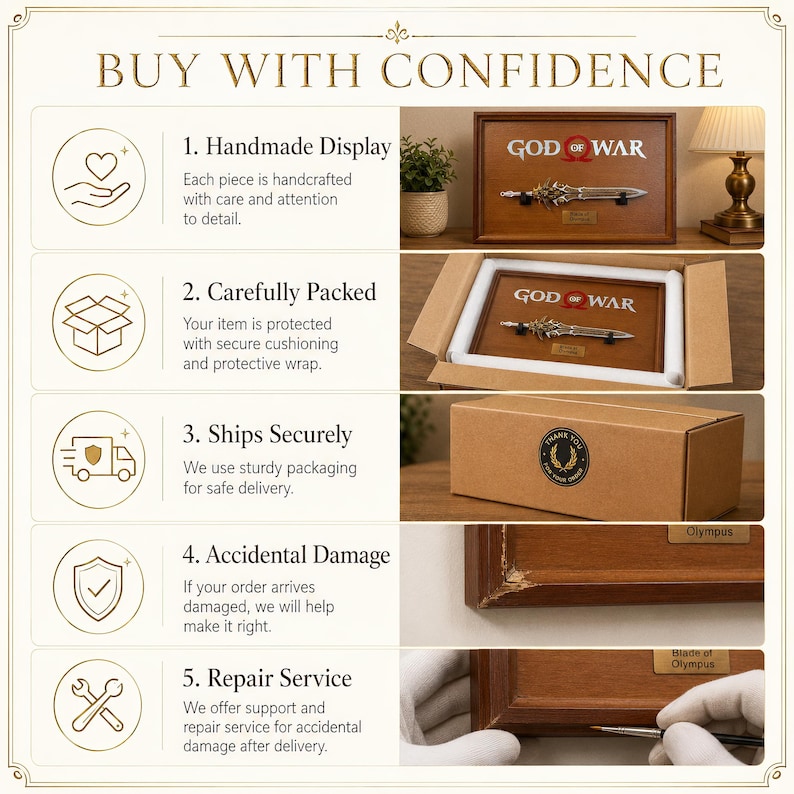 May include: A wooden framed display featuring the words "GOD OF WAR" and a silver-colored blade. The image also shows the packaging process, including secure cushioning and a sturdy cardboard box. Text on the image reads "BUY WITH CONFIDENCE".