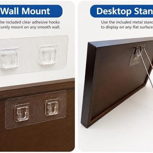 May include: The image shows two mounting options for a picture frame. The left side displays clear adhesive hooks for wall mounting, while the right side features a metal stand for desktop display. The frame is dark brown.