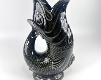 Vintage Invento Green Gurgling Fish Vase Made in England 9.75" Ceramic