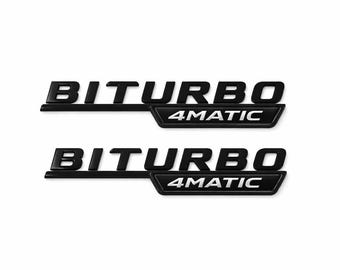 2 x Blanksvarta BITURBO 4MATIC Skärmskyddsemblemset för Mercedes Benz Turbo