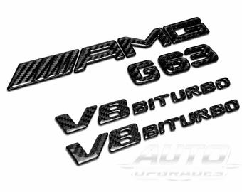 Kolfiber AMG G63 Emblemset | Emblem + V8 Biturbo Emblem | Mercedes G-Klass G Kombi Exteriöra Bakskärm Dekaler | Glanssvart