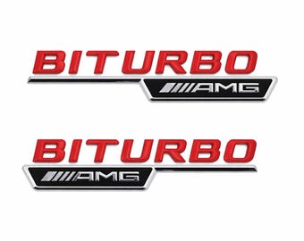 2 x Red BITURBO AMG Fender Side Badge Emblem Set for Mercedes Benz