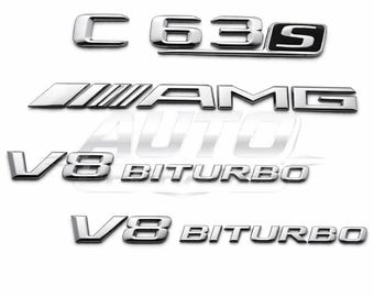 C63S V8 Biturbo AMG Krom Silver Svart Emblem Set för Mercedes Benz W205