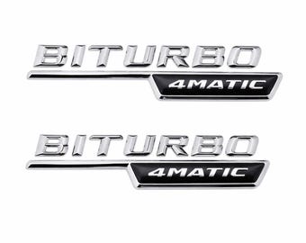 2 x Chrome BITURBO 4MATIC Fender Badge Emblem Set for Mercedes Benz AMG