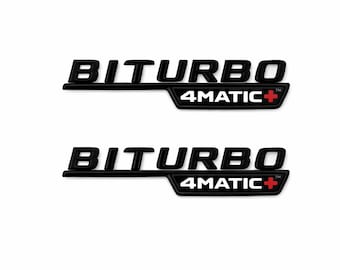 2 x Gloss Black BITURBO 4MATIC+ Fender Badge Emblem Set for Mercedes Benz AMG
