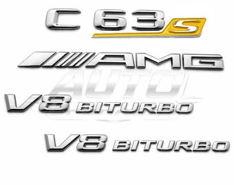 C63S V8 Biturbo AMG Krom Silver Gul Emblem Set för Mercedes Benz W205