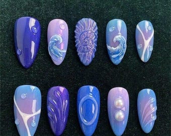 Ocean Amethyst 3D Nail Set | Purple Blue Aura Waves | Press On Nails with Shell & Pearl Design | Mermaid Core Nail Art